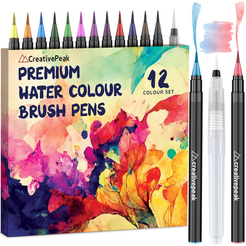 Creativepeak Watercolor Brush Pens - 12 Vibrant Soft Tip Coloring Markers with Blending Brush - Premium Art Supplies for Calligraphy, Lettering, Coloring & Journaling - Image 1